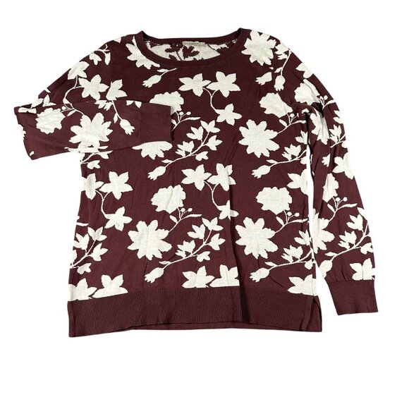 LOFT Outlet Womens Medium Red White Floral Round Neck Pullover Sweater - Picture 1 of 8